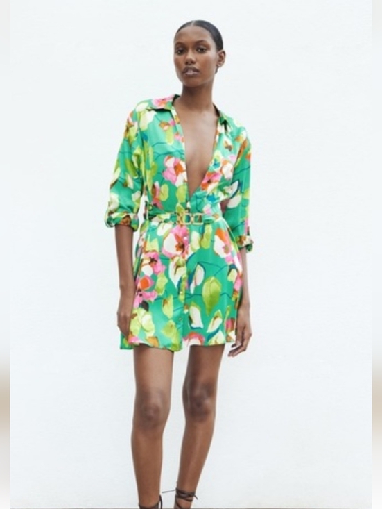 Zara Dresses & Skirts - Zara Green Floral Belted Romper with Pink & White Accents